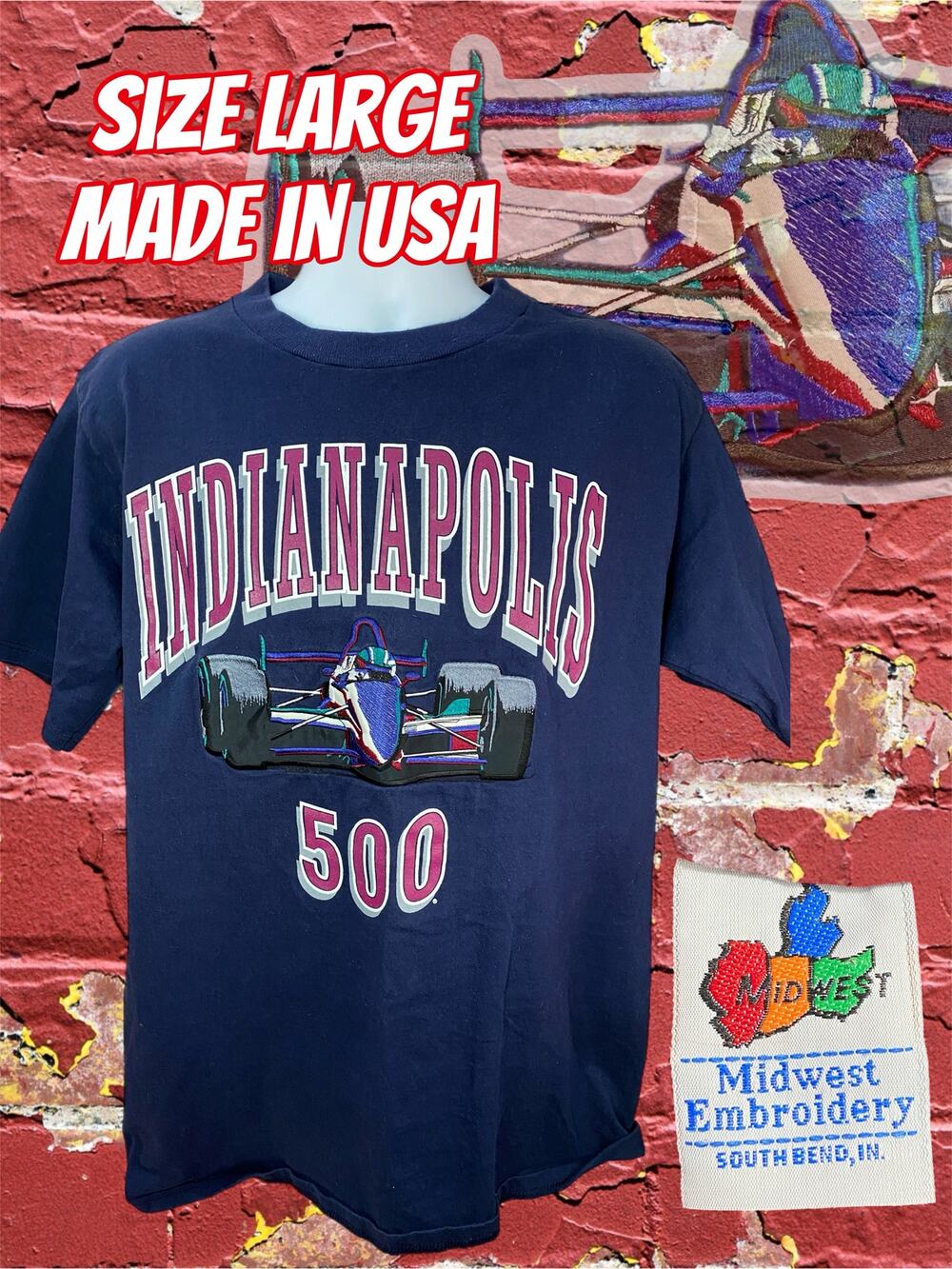 VINTAGE Indianapolis 500 Shirt Mens Large Blue 90s Embroidery Made In USA